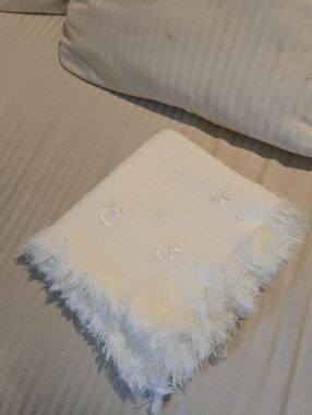 Vintage Soft White Fringed Baby Blanket